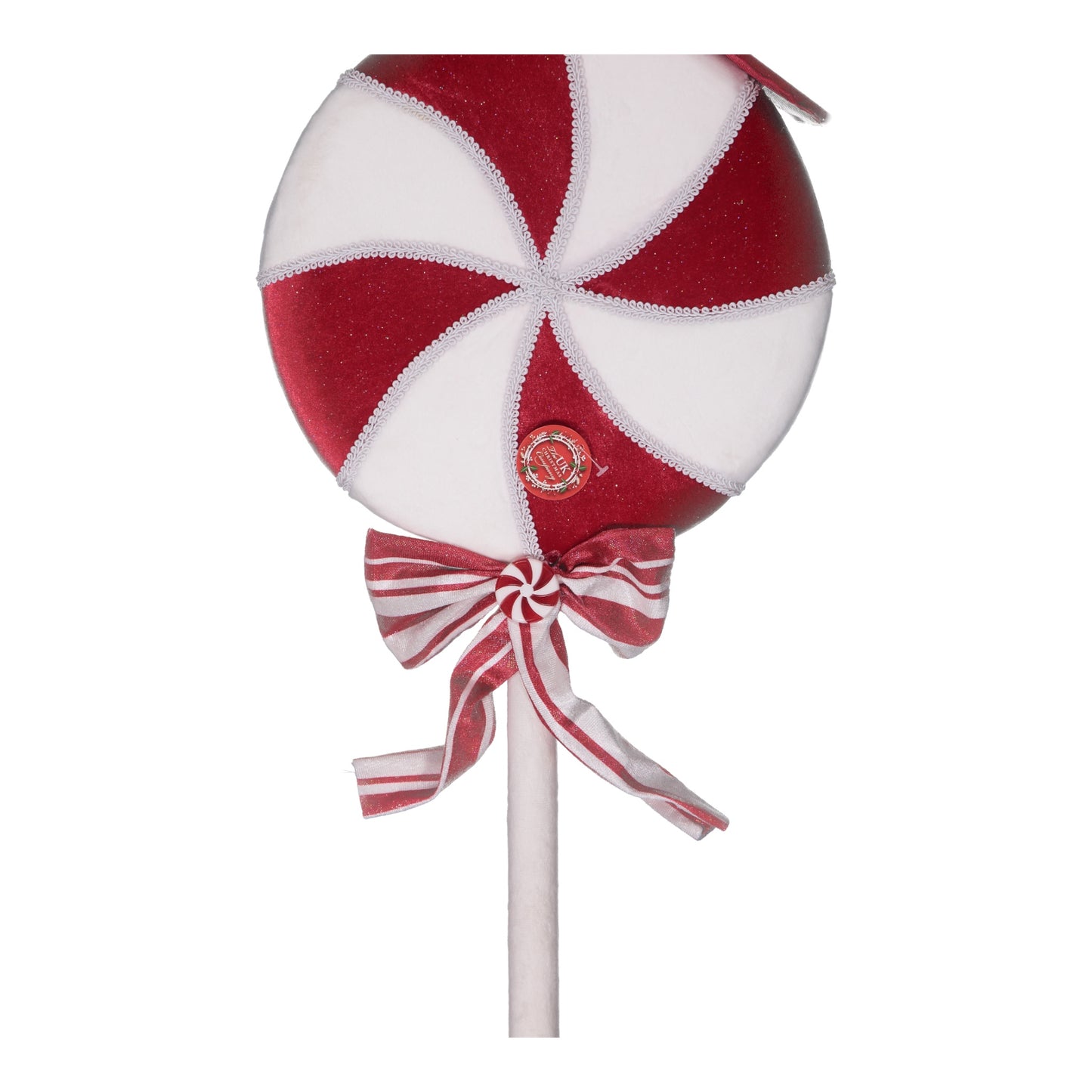 Red & White Peppermint Lollipop Decoration with Striped Hat & Bow – Festive Christmas Ornament