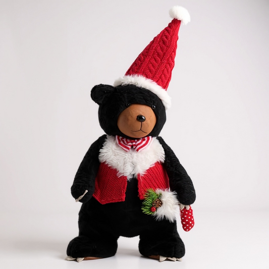 Festive Black Bear with Santa Hat – Christmas Plush Decoration with Stocking & Bowtie