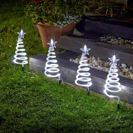 Set of 4 Cool White Battery-Operated Spiral LED Christmas Tree Pathway Lights – Outdoor Decoration