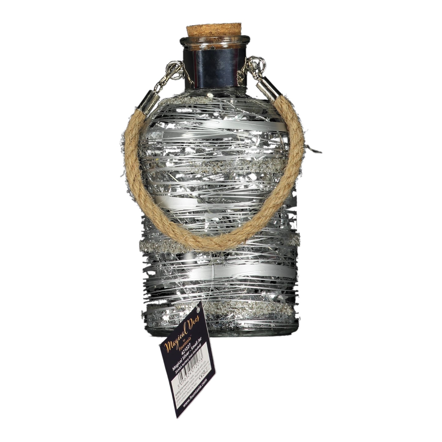 Light-Up Glass Jar – Silver Glitter Wrap with Warm LED Lights and Rope Handle