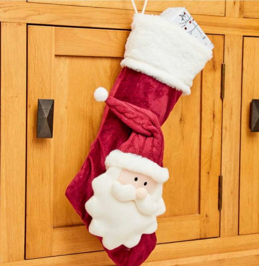 Red Santa Christmas Stocking – Plush Santa Face with 3D Hat & Faux Fur Cuff