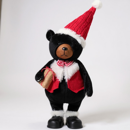 Festive Black Bear Christmas Decoration – Holiday Plush with Gift & Santa Hat