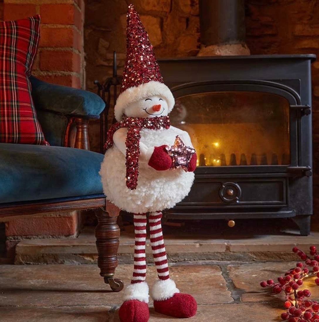 70cm Large Standing Snow Girl Christmas Decoration – Red Sequin Hat