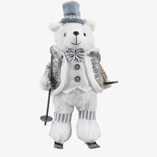 Standing Skiing Mr Polar Bear Christmas Decoration – Elegant White & Silver Winter Figure