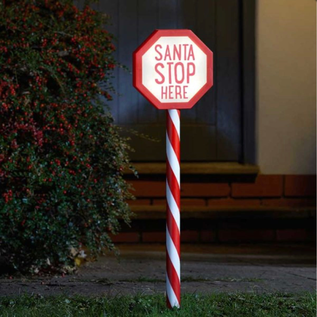 Santa Stop Here! Light-Up Stake – Red & White Outdoor Christmas Sign