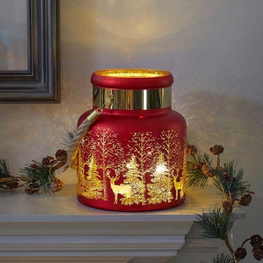 20cm Red Christmas Wonderland Glass Lantern – Reindeer & Tree Design
