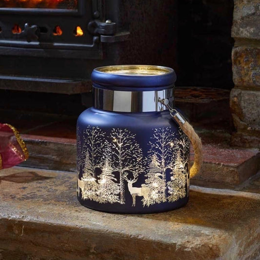 20cm Blue Christmas Wonderland Glass Lantern – Reindeer & Tree Design