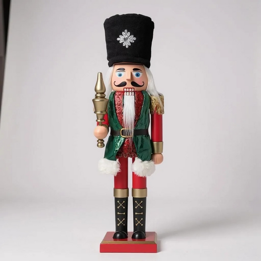 Red & Green Nutcracker with Staff – 38cm Traditional Christmas Decoration