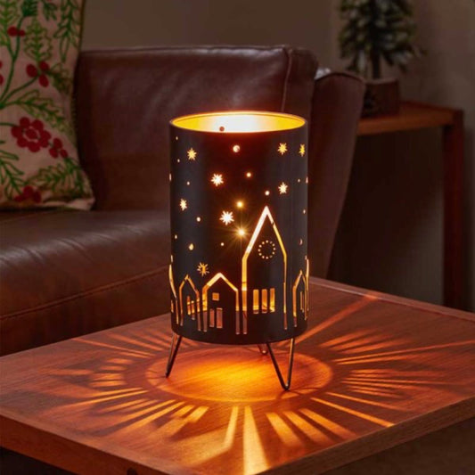 Night Sky Lantern – Metal Cut-Out Candle Holder with Star & Village Design
