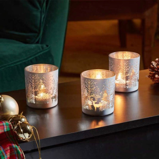 Wonderland T-Light Holders – Set of 3 Silver Glass Candle Holders