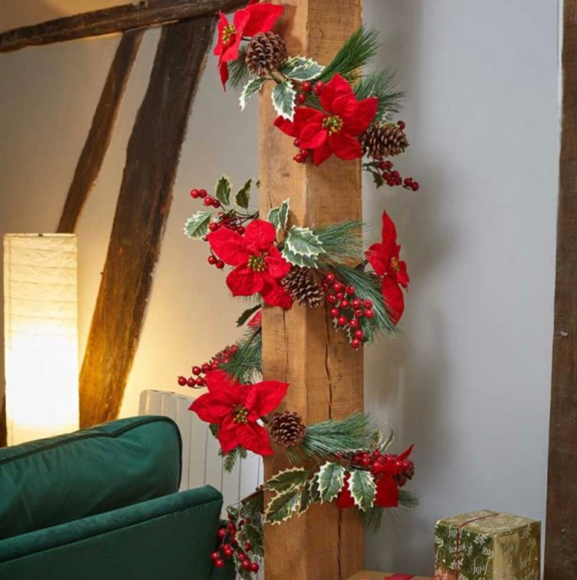 Poinsettia Garland – 180cm Christmas Garland with Red Flowers, Pinecones & Berries