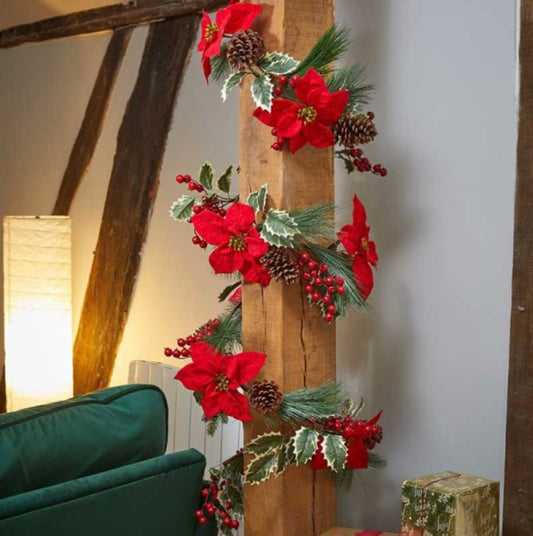 Poinsettia Garland – 180cm Christmas Garland with Red Flowers, Pinecones & Berries
