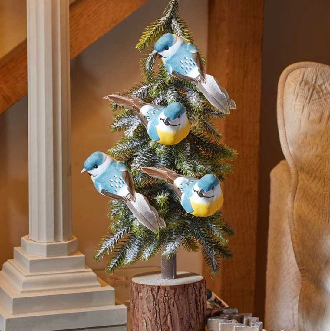 Set of 4 Blue Tit Bird Christmas Tree Decorations – Festive Clip-On Birds