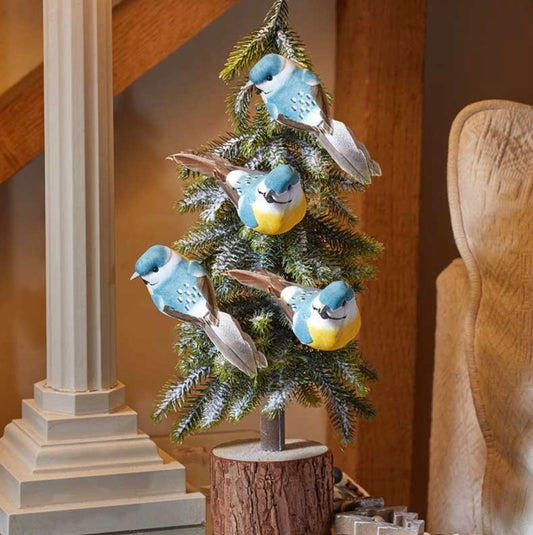 Set of 4 Blue Tit Bird Christmas Tree Decorations – Festive Clip-On Birds