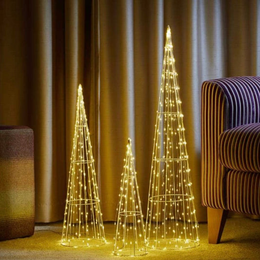 Set of 3 Warm White LED Cone Trees – Mains Operated Christmas Light Decoration
