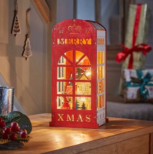 23.5cm LED Light Up Wooden Christmas Telephone Box Santa Scene