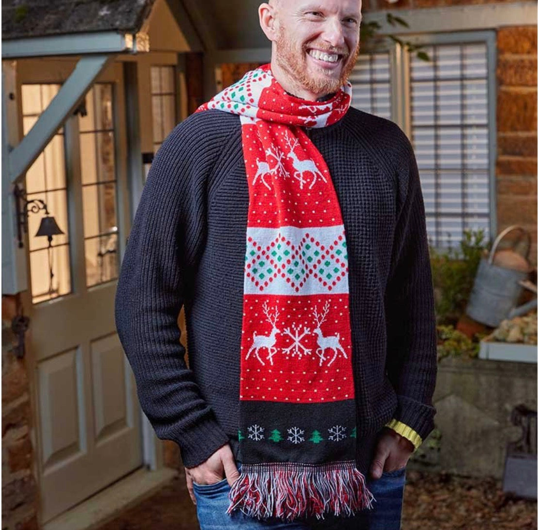 Luxury Christmas Reindeer Scarf – Red, White & Green Festive Knit Scarf
