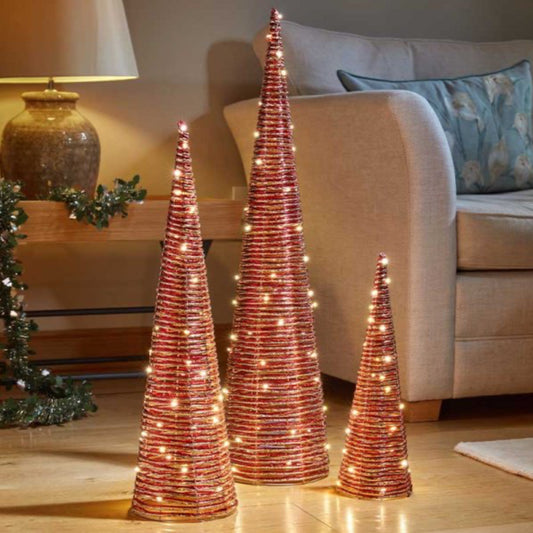 RedGold Braid TreeBelisks – Set of 3 Light-Up Christmas Decorations