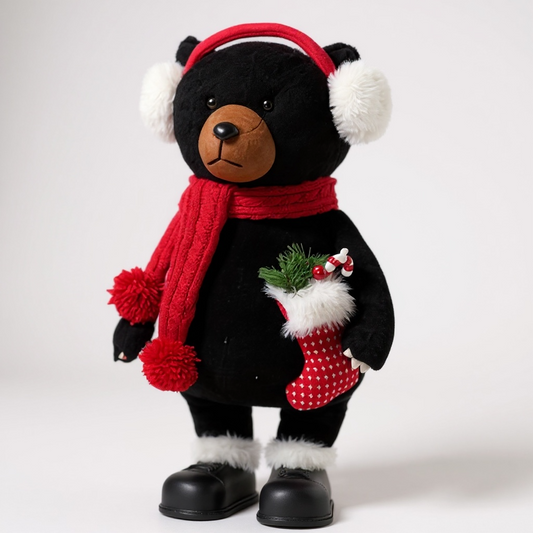 Festive Black Bear with Stocking – Christmas Plush Decoration with Scarf & Earmuffs