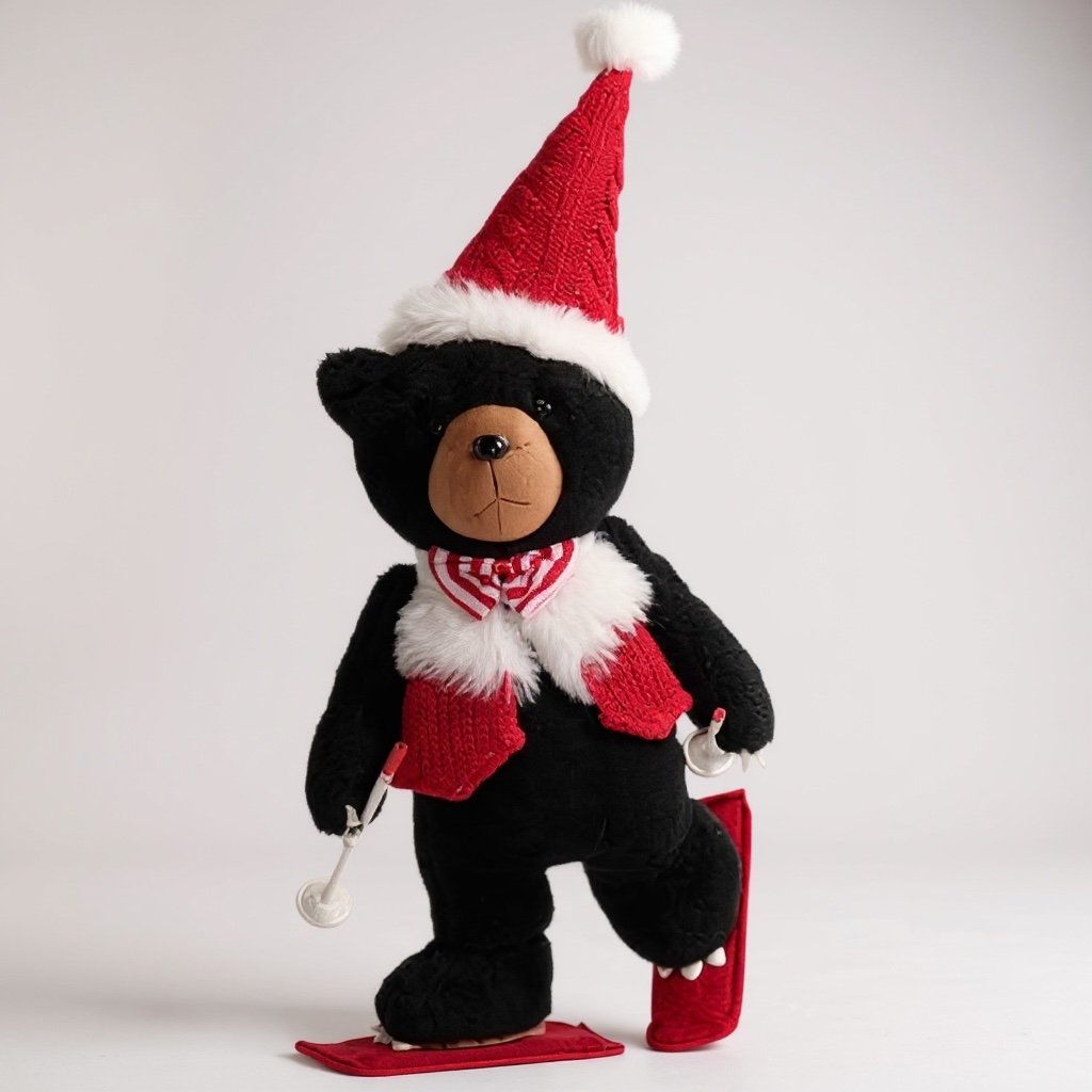 Skiing Black Bear Christmas Decoration – Festive Plush Bear with Santa Hat & Skis