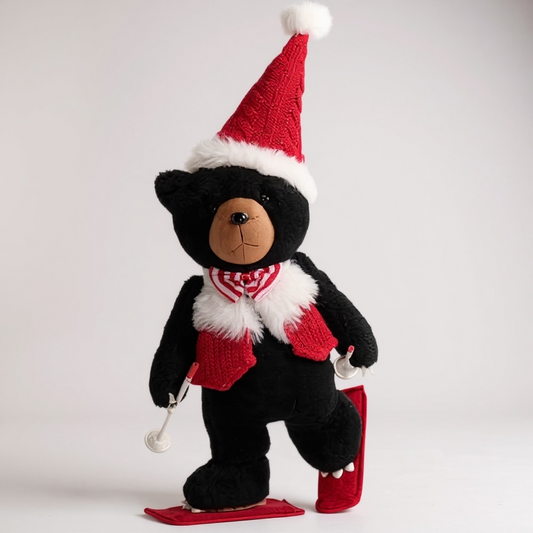Skiing Black Bear Christmas Decoration – Festive Plush Bear with Santa Hat & Skis