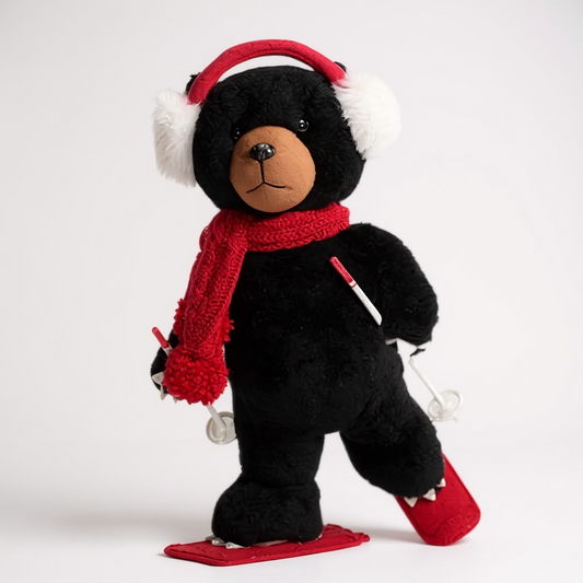 Skiing Black Bear Christmas Decoration – Plush Holiday Bear with Red Scarf & Earmuffs