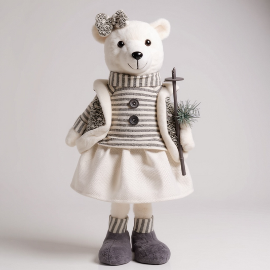 Tall Standing Mrs Polar BearChristmas Decoration – 56cm Elegant White & Silver Winter Figure