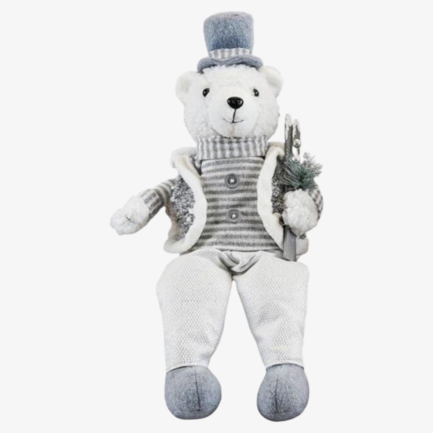 Seated  Mr Polar Bear Christmas Decoration – Elegant White & Silver Plush Figure