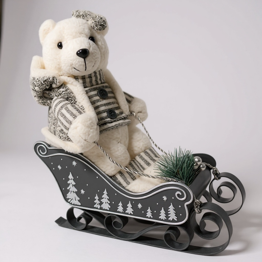 Mrs Winter Bear in Sleigh – Grey & Cream Christmas Decoration