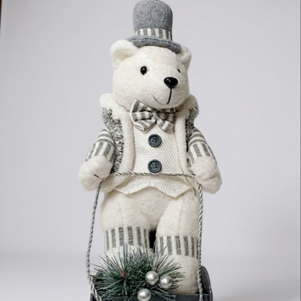 Mr Winter Bear in Sleigh – Grey & Cream Christmas Decoration, 34cm