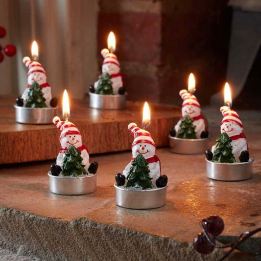 Set of 6 Snowman Tealight Candles – Festive Christmas Tree Design