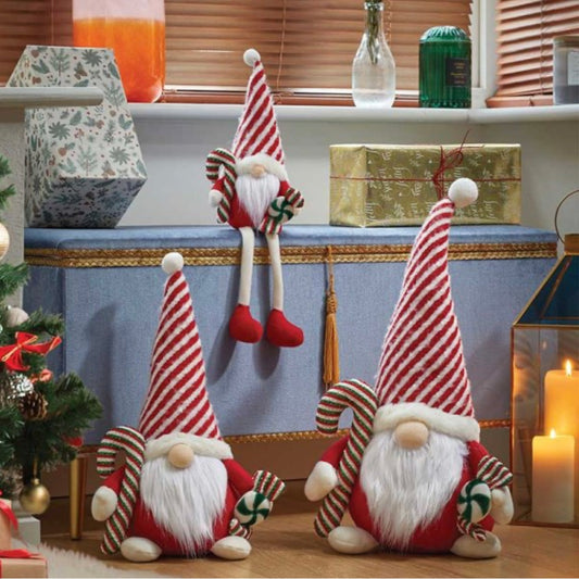 Seated Gonk Christmas Decoration – Red & White Stripe Hat with Dangly Legs