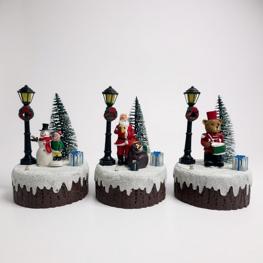Mini Christmas Figurines – Santa, Snowman & Drummer Bear with Lamp Posts