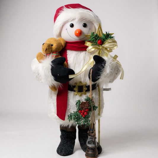 90cm Light-Up Snowman with Teddy Bear, Lantern & Gold Wreath – Christmas Display Decoration