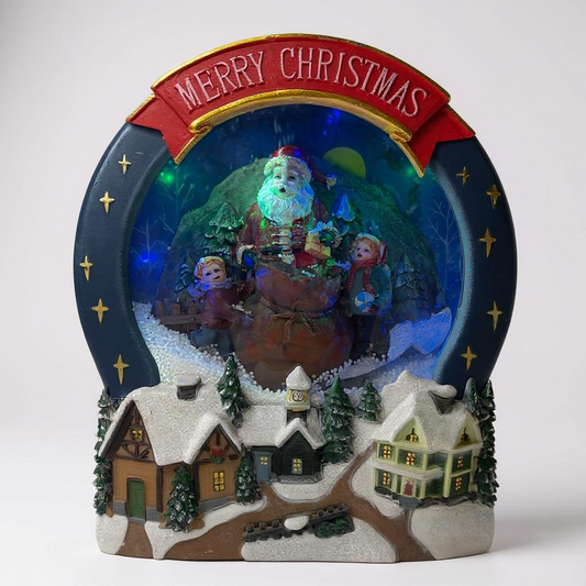 Santa Christmas Snow Globe Scene with LED Lights – Lighted Holiday Village Decoration