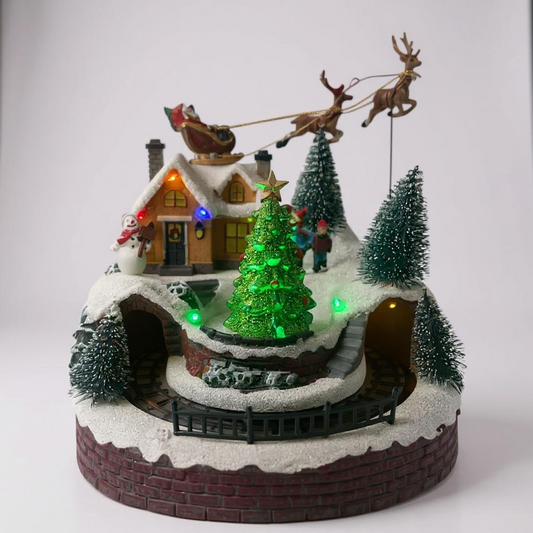 Santa’s Sleigh Christmas Village Scene with LED Lights & Train Tunnel – Animated Holiday Display