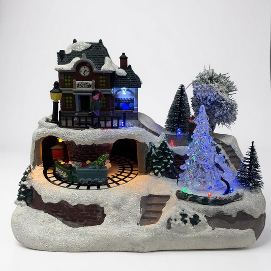 Christmas Village Train Station with LED Lights & Glowing Tree – Animated Holiday Display