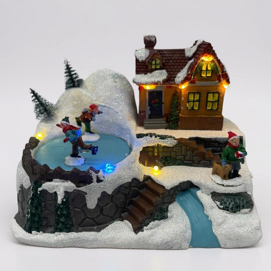 Christmas Skating Pond Village Scene with LED Lights – Animated Holiday Display
