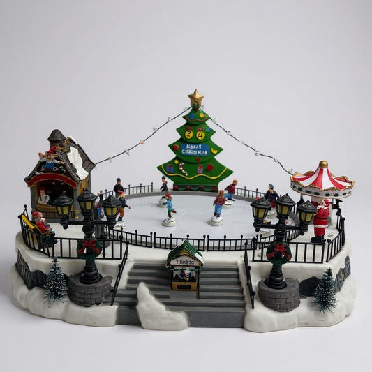 Christmas-themed miniature scene with a tree, carousel, and people on a white background
