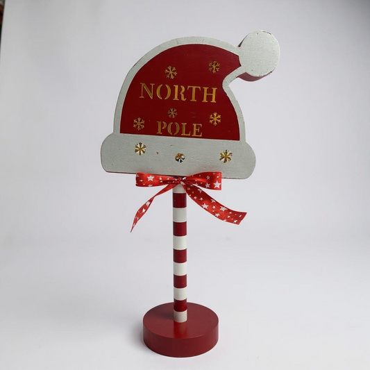 North Pole Santa Hat Sign – Candy Cane Striped Pole | Festive Indoor Decoration