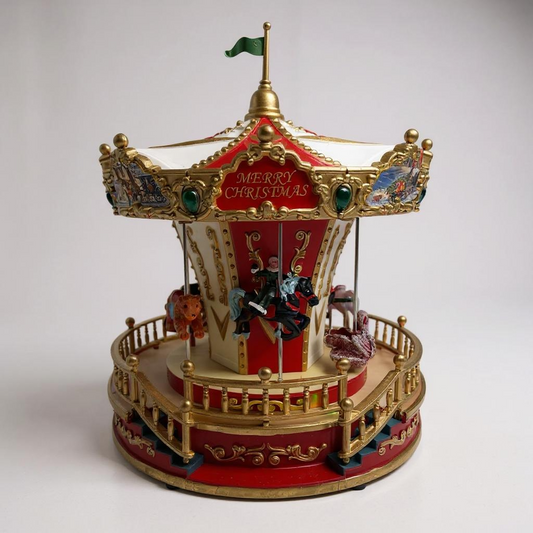 Decorative Christmas carousel with gold, red, and green colors on a white background
