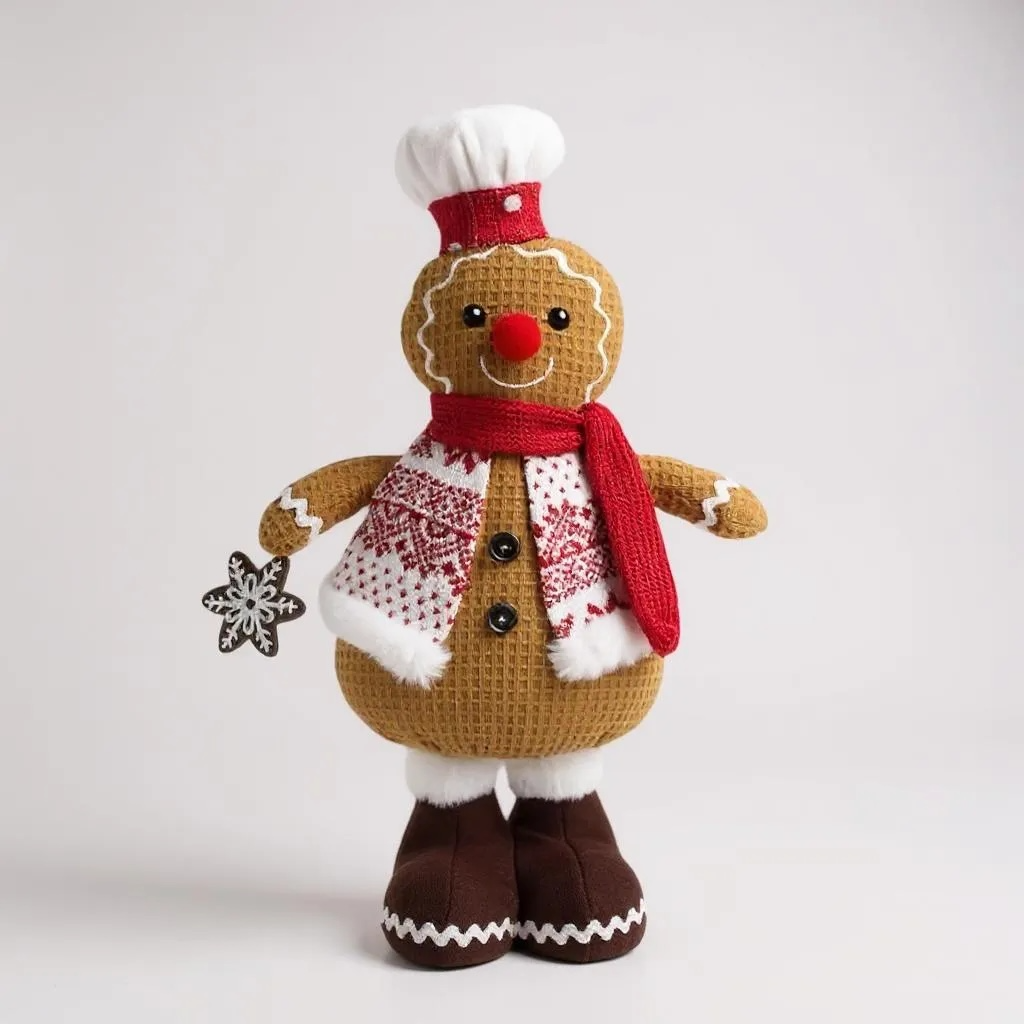 Plush Gingerbread Chef Christmas Decoration – Festive Standing Figure with Scarf & Snowflake