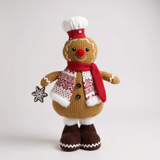 Plush Gingerbread Chef Christmas Decoration – Festive Standing Figure with Scarf & Snowflake