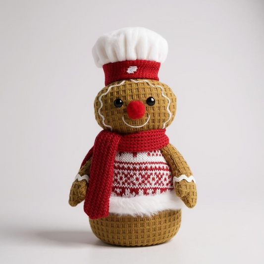 Mini Plush Gingerbread Christmas Decoration – Festive Standing Ornament with Red Scarf & Chef’s Hat