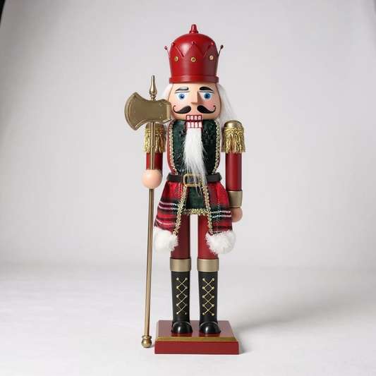 Red & Green Nutcracker with Crown and Axe – Traditional Christmas Figurine