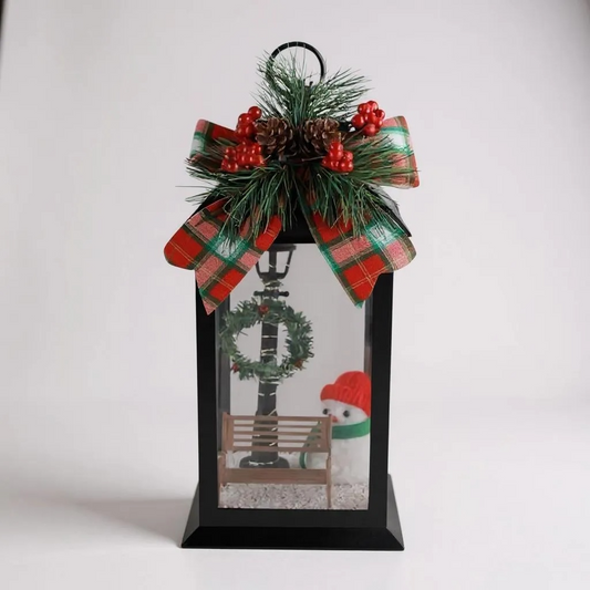Black Christmas Lantern with Snowman & Bench Scene – Plaid Bow Holiday Decoration