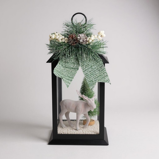 Black Christmas Lantern with Reindeer & Pine Tree Scene – Festive Tabletop Decoration