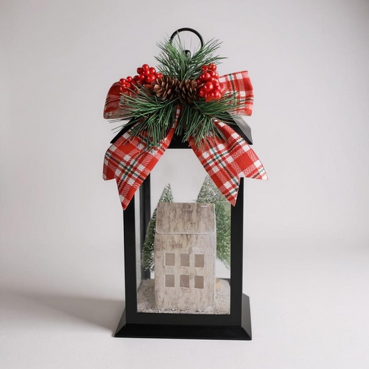 Black Christmas Lantern with Red Plaid Bow & Snowy House Scene – Festive Holiday Décor