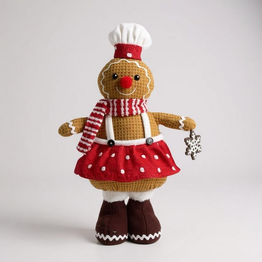 Plush Gingerbread Girl Christmas Decoration – Festive Standing Ornament with Red Dress & Snowflake