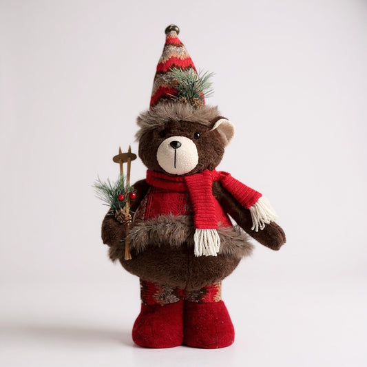 Festive Ski Bear with Red Scarf & Hat – Christmas Plush Decoration